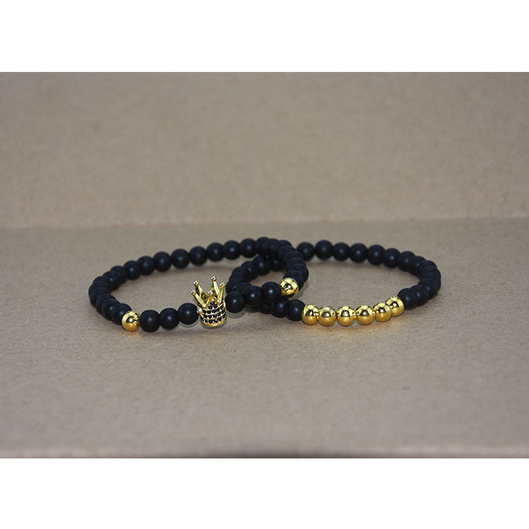 Fashion Black Lava Natural Stone Volcanic rock Beads Strand Bracelets Trendy Gold Crown Black Bright Bead Bracelet Dropshipping