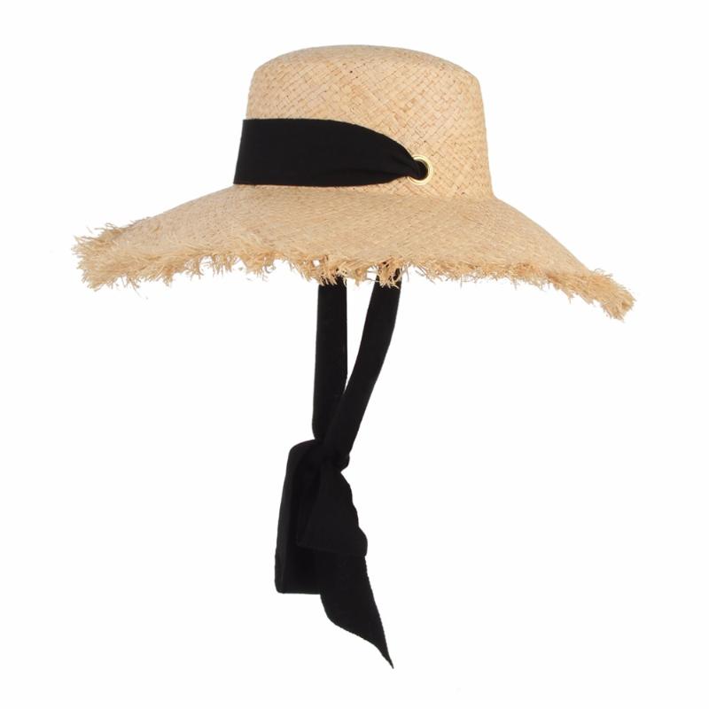 Handmade Weave Raffia Sun Hats For Women Black Ribbon Lace Up Large Brim Straw Hat Outdoor Beach Summer Caps Chapeu Feminino