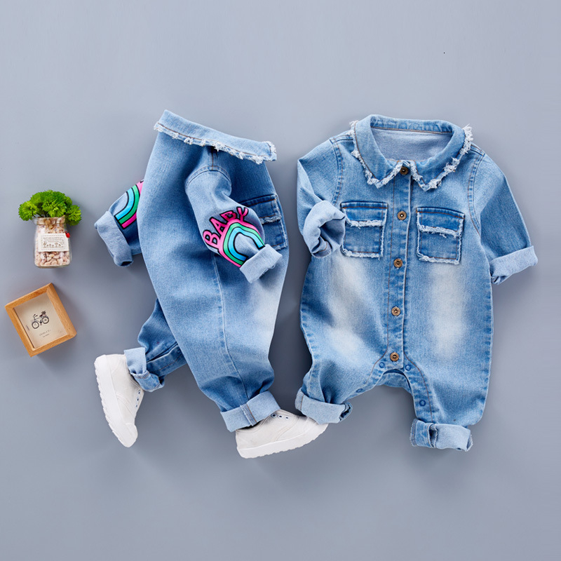 Spring Baby Toddler Long Sleeve Lapel Collar Denim Jeans Giraffe Rainbow Pattern Rompers Kids Infant Jumpsuits roupas de bebe LY083