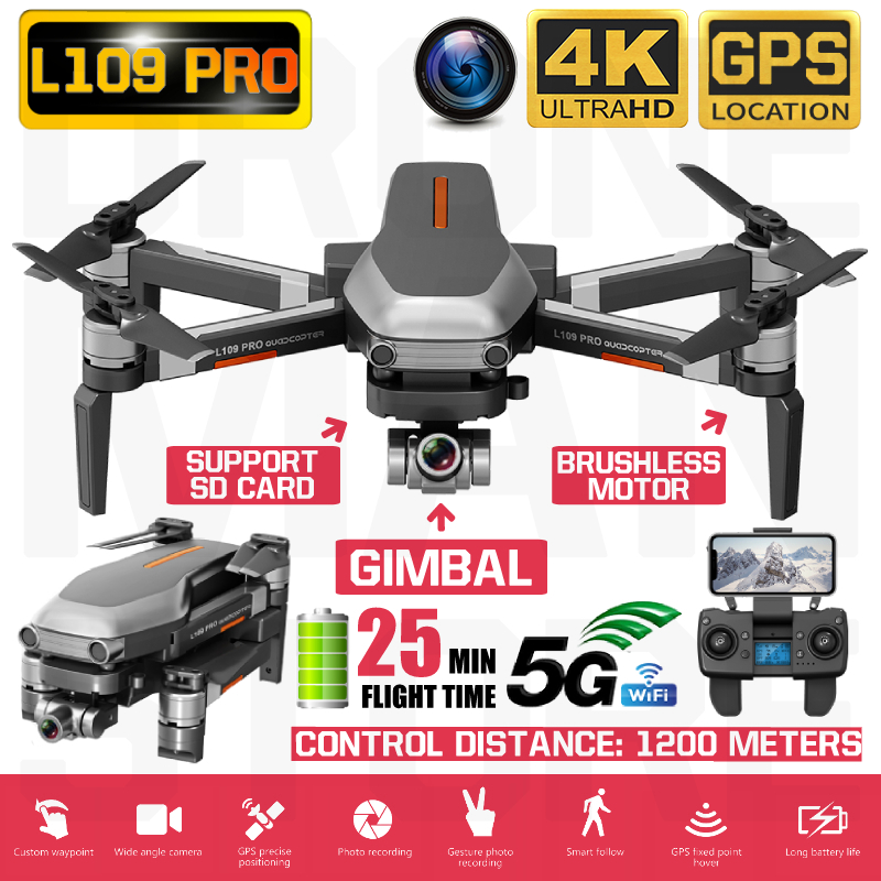 RC Quadcopter L109 Pro Drone GPS 4K HD Two-Axis Anti-Shake Stable Gimbal Camera 5G WIFI FPV Brushless Motor 1200m Long Distance
RC Quadcopter L109 Pro Drone GPS 4K HD Two-Axis Anti-Shake Stable Gimbal Camera 5G WIFI FPV Brushless Motor 1200m Long Distance