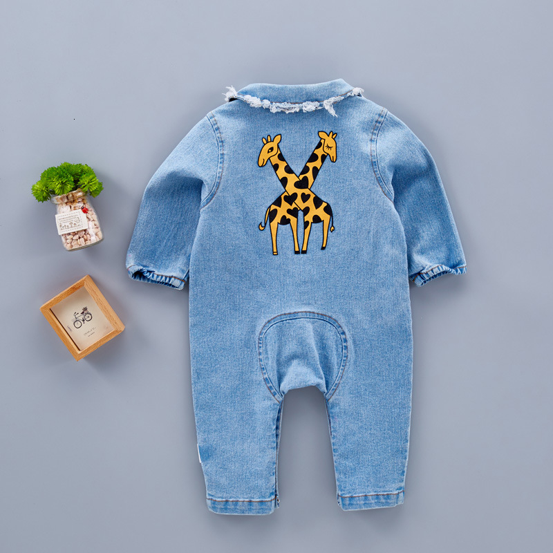 Spring Baby Toddler Long Sleeve Lapel Collar Denim Jeans Giraffe Rainbow Pattern Rompers Kids Infant Jumpsuits roupas de bebe LY083