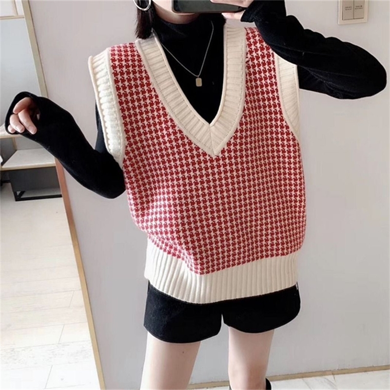 Angora Wool Knit Vest Sweater Women Winter Korean Vintage Houndstooth Geometric Plaid V Neck Sleeveless Pullover Jumper Top 200918