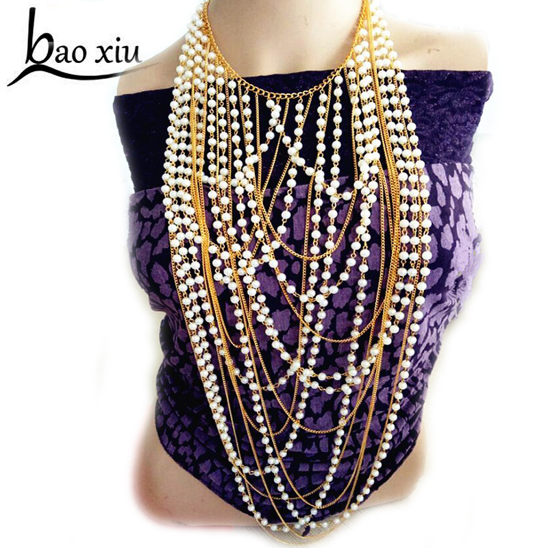Exaggerated beaded super long pendants necklace women trendy pearl choker necklace body jewelry gold shoulder chain Y200918