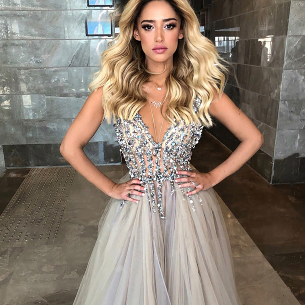 Sexy V Neck Crystal Beading Prom Dress Pleating Split Front Open Back Evening Dress Latest Design vestidos de novia