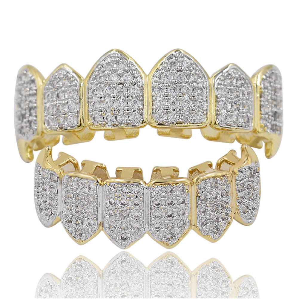 Hip Hop Iced Out CZ Gold Teeth Grillz Caps Top and Bottom Diamond Tooth Grillzs Set For Men Women Gift Grills
