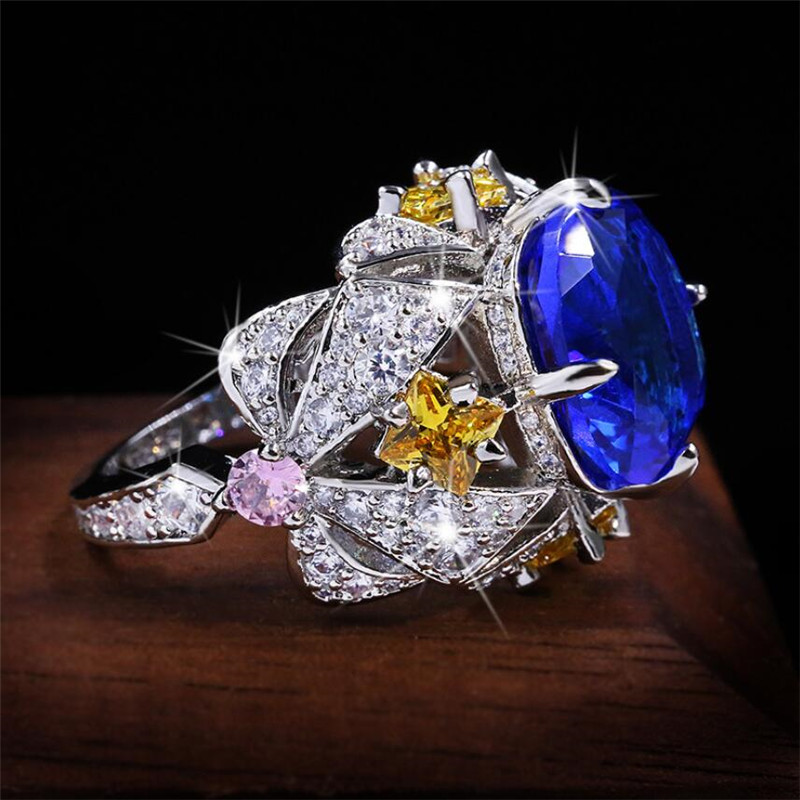 Choucong New Sparkling Luxury Jewelry 925 Sterling Silver Multi Color Blue Sapphire CZ Diamond Gemstones Flower Women Wedding Band Ring