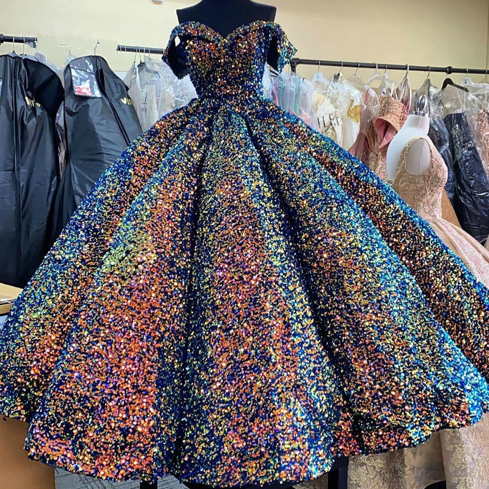 Sparkling Ball Gown Prom Dresses 2021 Candy Color Shiny Sequins Beaded off shoulder Arabic Dubai Evening Wear Dress Puffy Skirt