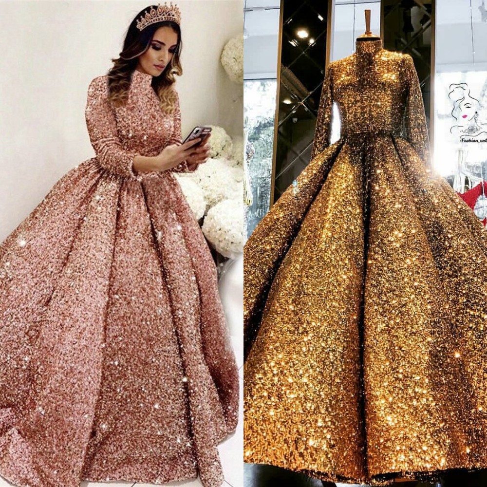 Ball Gown Woman Party Night Evening Prom Dresses 2021 sparkly Muslim caftan rose Gold Long sleeve Plus Size arabic prom Dresses