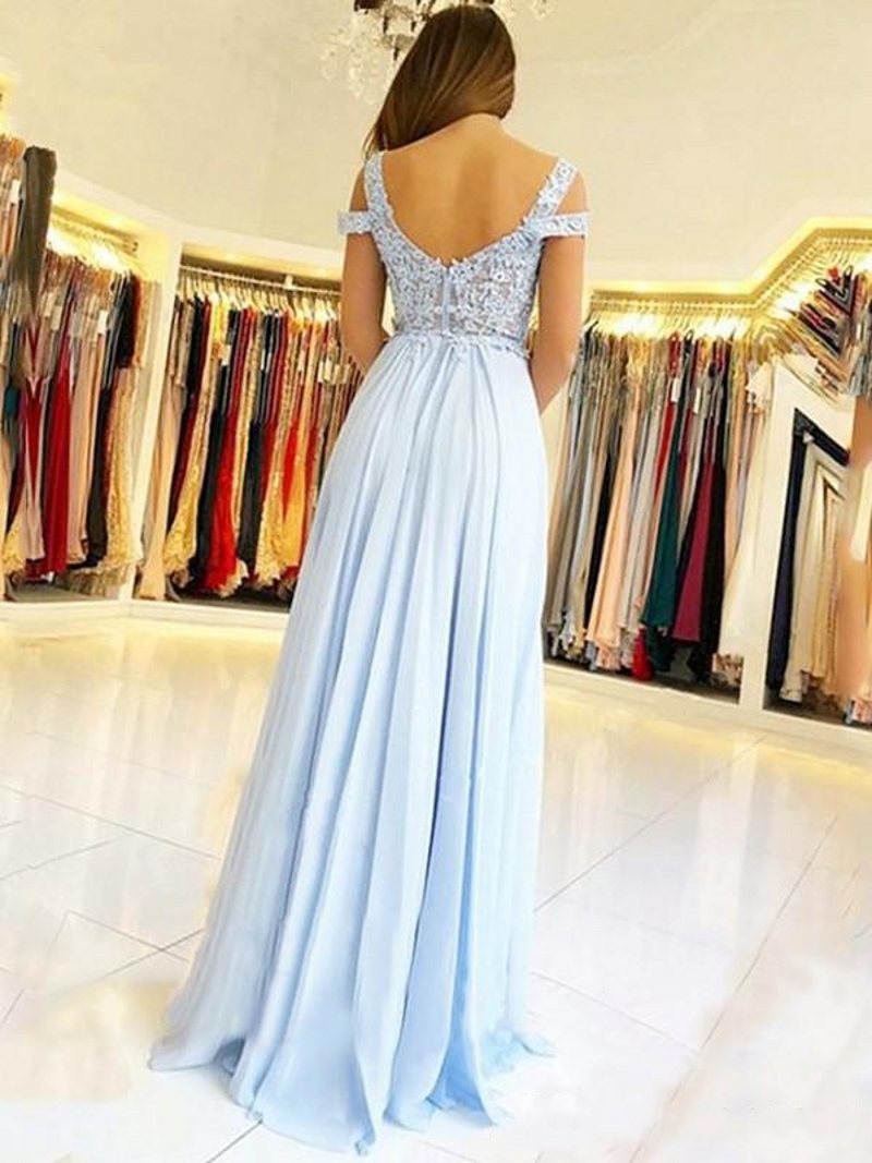 Sky Blue Bridesmaid Dresses With Side Split Off The Shoulder Lace Appliques Chiffon Wedding Guest Dresses Maid Of Honor Gowns