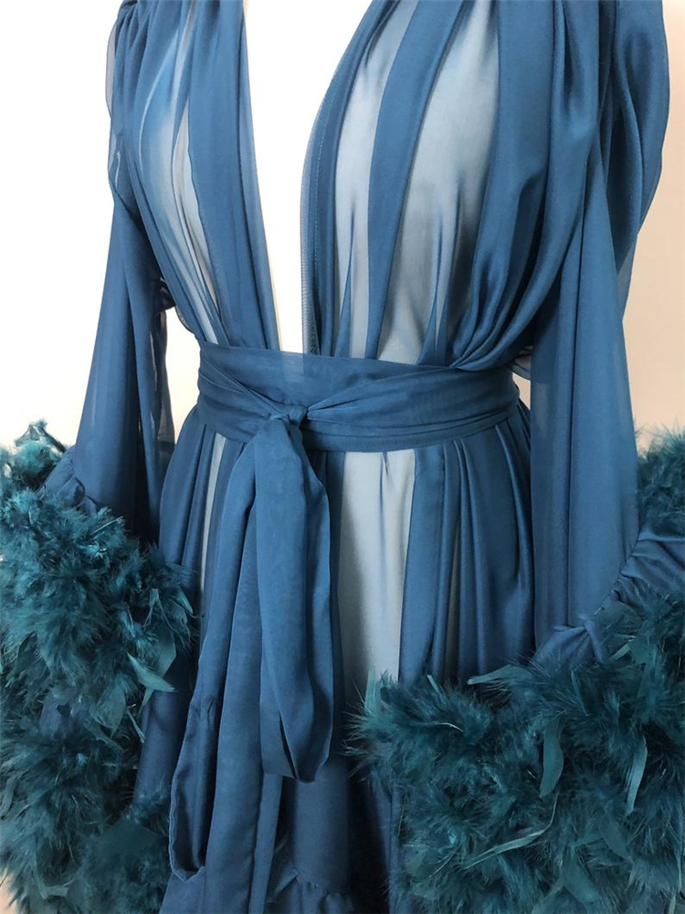 Navy Blue Ruffles Women Winter Luxury Feather Kimono Pregnant Party Sleepwear Full Sleeves Maternity Photoshoot Dress For baby Shower