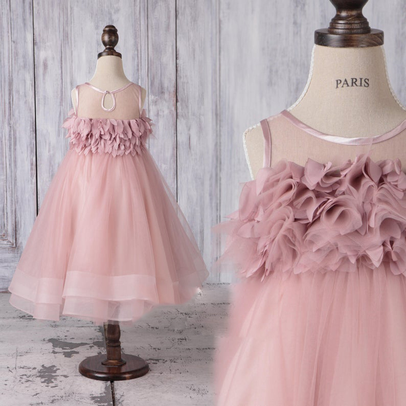 Blush Pink Flower Girl Dresses for Wedding Hot Sheer Jewel Neck Tiered Ruffles Kids Pageant Party Birthday Gown for Girls