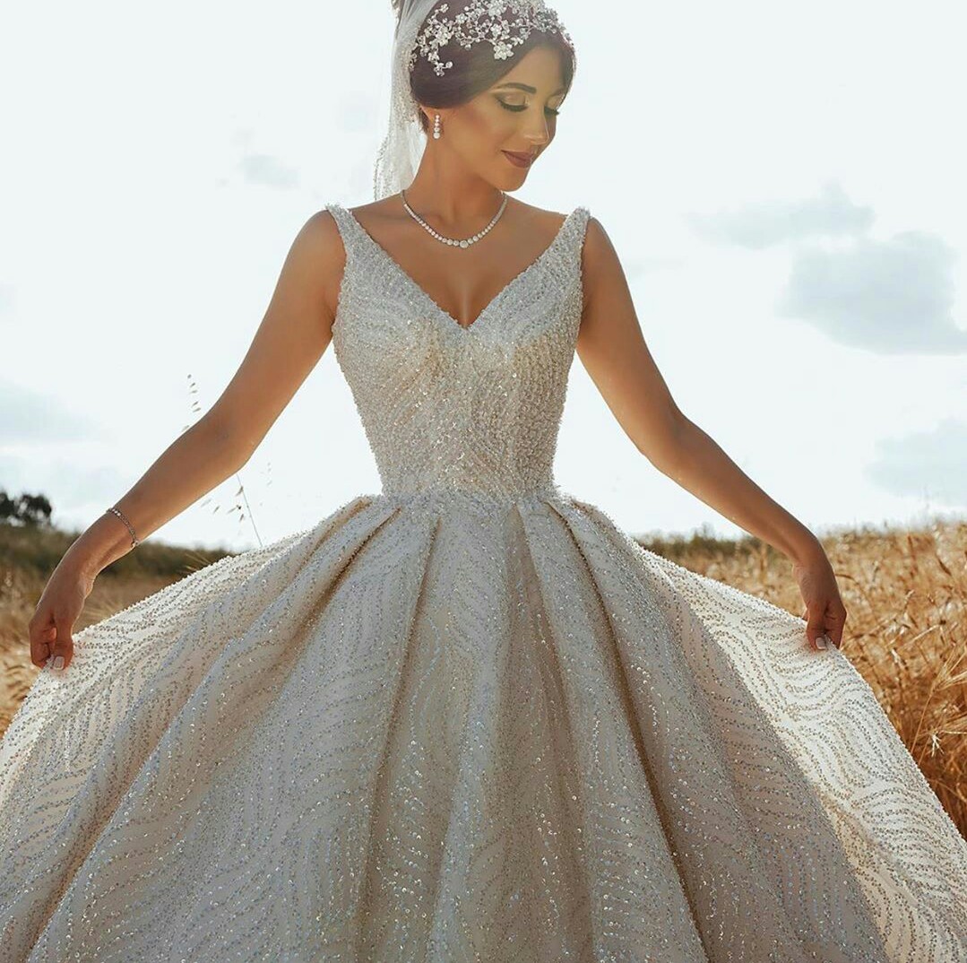 V Neck Wedding Dresses A Line Sequins Beaded Wedding Dress Custom Made Sweep Train Vestidos De Novia
