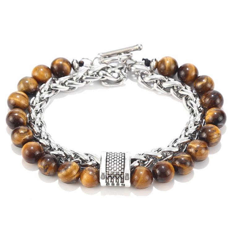 Natural Map Stone Men's Beaded Bracelet for women Stainless Steel Bracelets Male Jewelry Tiger eye 8 9 10 inch
