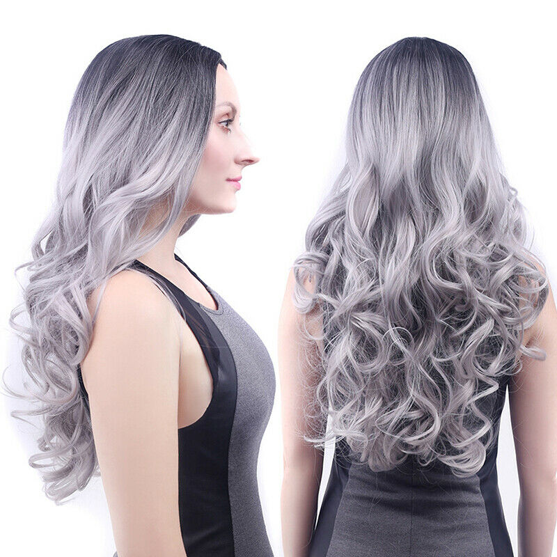 Ladies Wig Gradient Grey Long No Lace Front Wigs Synthetic Hair Daily Party Prop