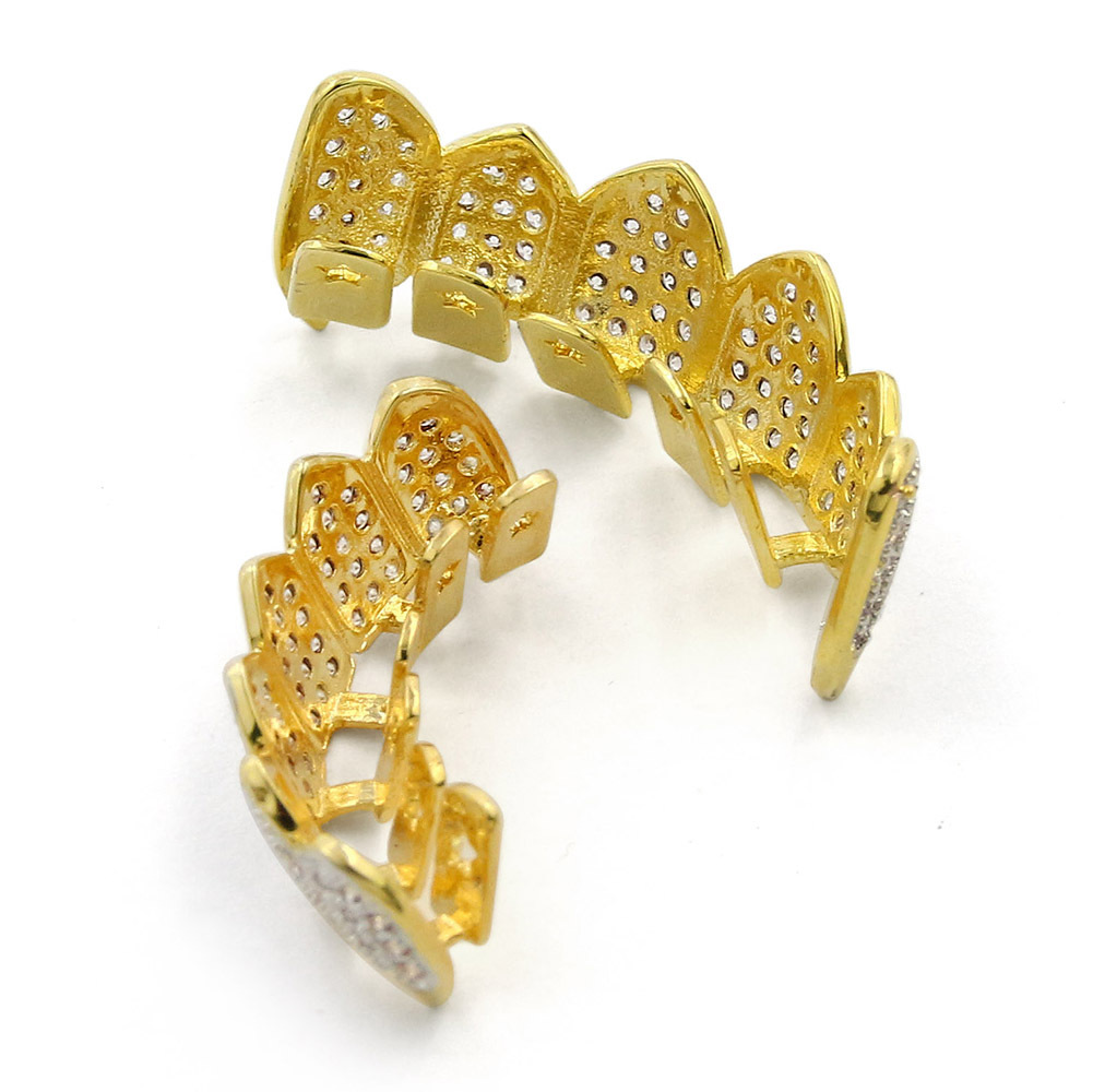 Hip Hop Iced Out CZ Gold Teeth Grillz Caps Top and Bottom Diamond Tooth Grillzs Set For Men Women Gift Grills