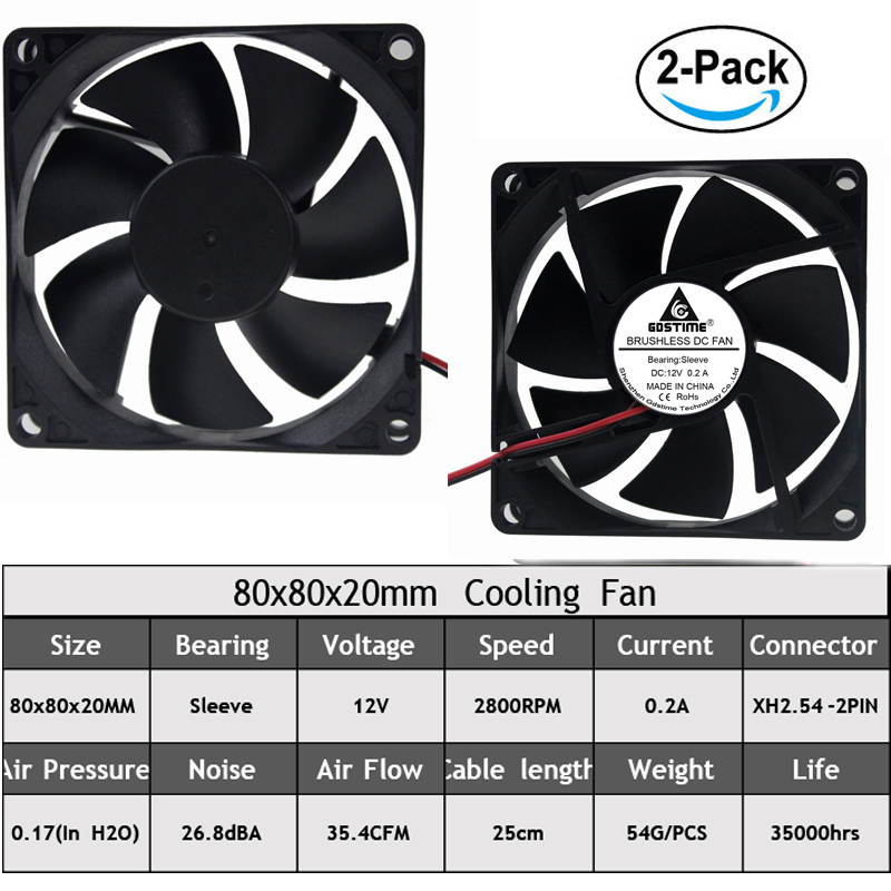 Gdstime 2pcs DC Cooler Sleeve Bearing Fan 12V 24V 80mm 8020 Two Wire 2Pin For Computer Cases And CPU Coolers
Gdstime 2pcs DC Cooler Sleeve Bearing Fan 12V 24V 80mm 8020 Two Wire 2Pin For Computer Cases And CPU Coolers