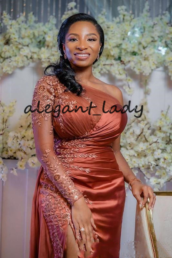 Rust red one shoulder robes de evening dresses 2021 long sleeve nigerian african sexy slit plus size occasion prom gowns