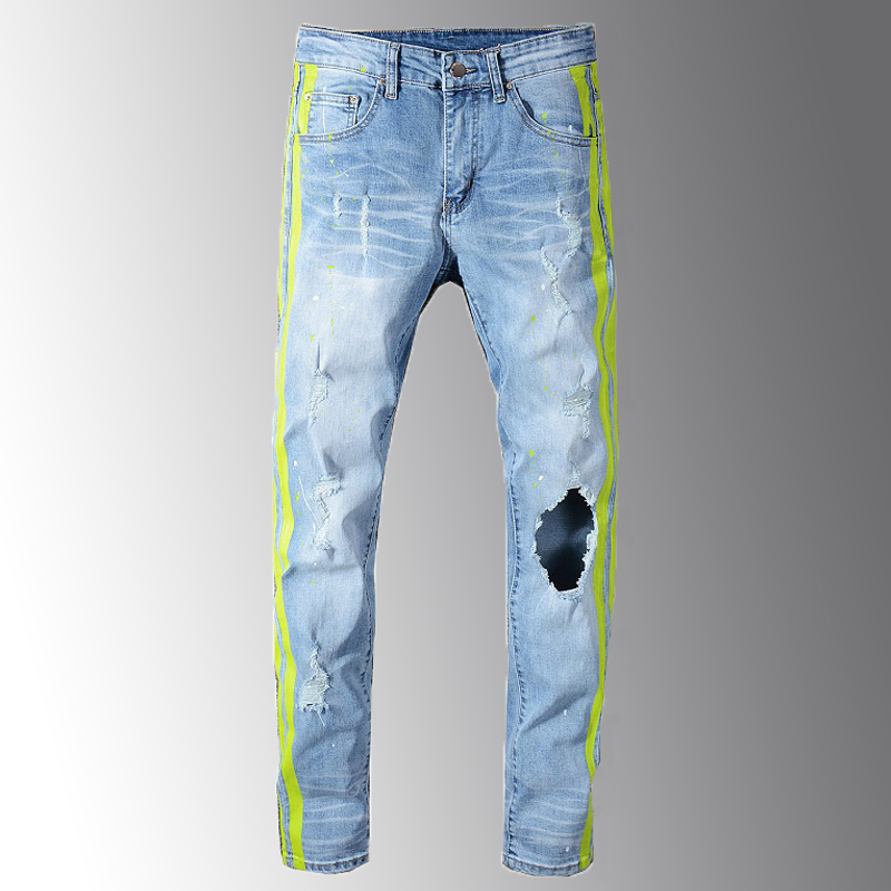 Neon Yellow Men's Color Lines Patchwork Ripped Fashion Holes Destroyed Denim Stretch Pants Slim Fit Man Jeans, Blue
Neon Yellow Men's Color Lines Patchwork Ripped Fashion Holes Destroyed Denim Stretch Pants Slim Fit Man Jeans, Blue