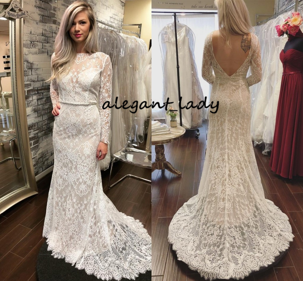 Long Sleeve Backless Wedding Dresses with Crystal Belt 2021 Jewel Neck Full Lace Mermaid Princess Wedding Gowns vestido de noiv