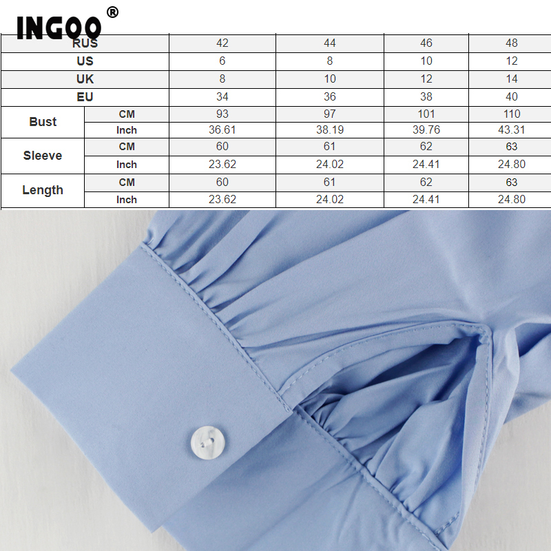 INGOO Autumn Turtleneck Office Women Shirt Lantern Long Sleeve Ruched Pleated Blouses Button Elegant Blue White Shirts Female MX200407