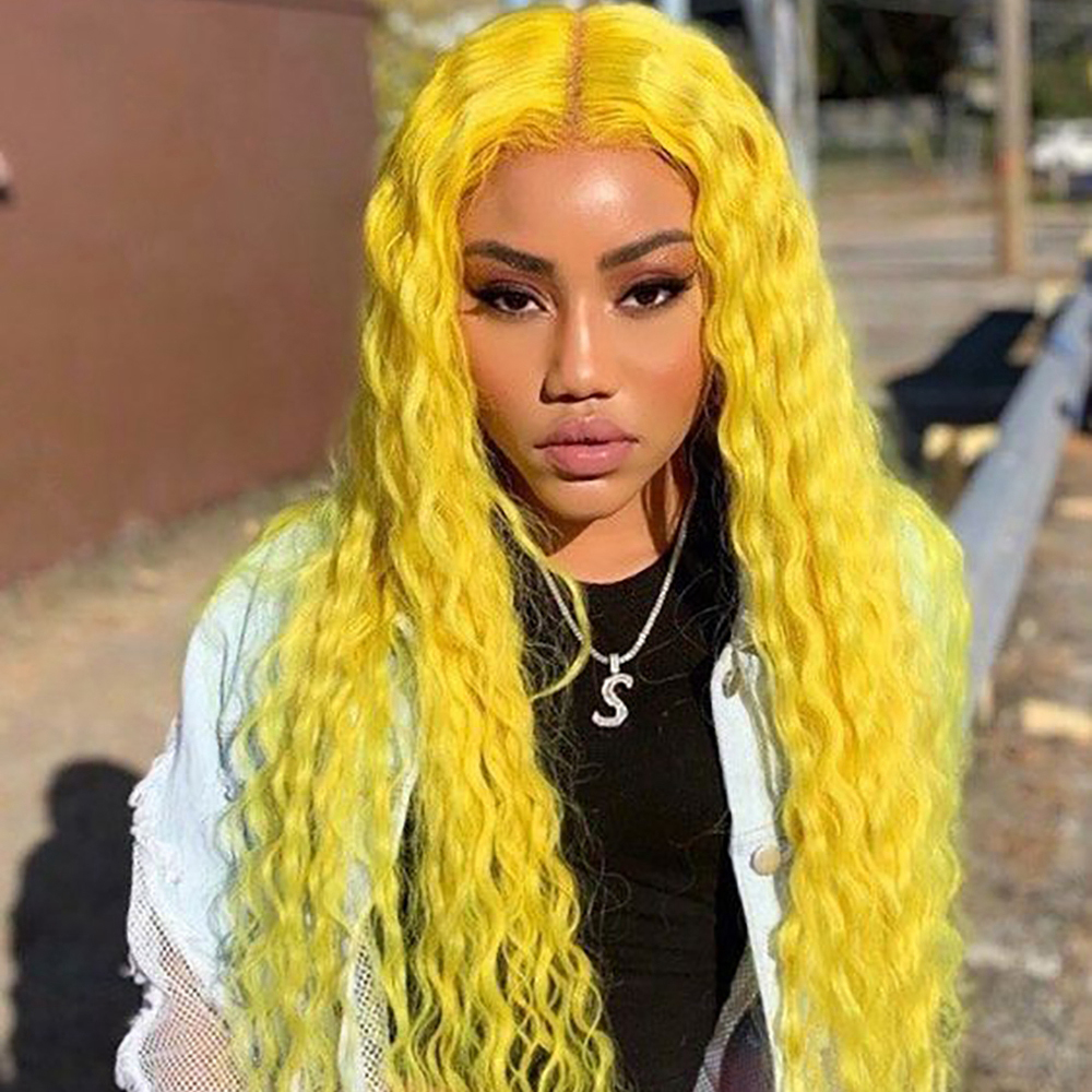 Fashion party celebrity style yellow color wig Brazilian water Wave Transparent Lace Front synthetic lace Wigs 150% Density for black women
