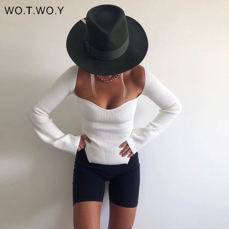WOTWOY Low-Cut V-Neck Cropped Sexy Sweaters Women Bottoming Slim Fit Knitted Pullovers Women Solid Knitwear Female Jumper 201224