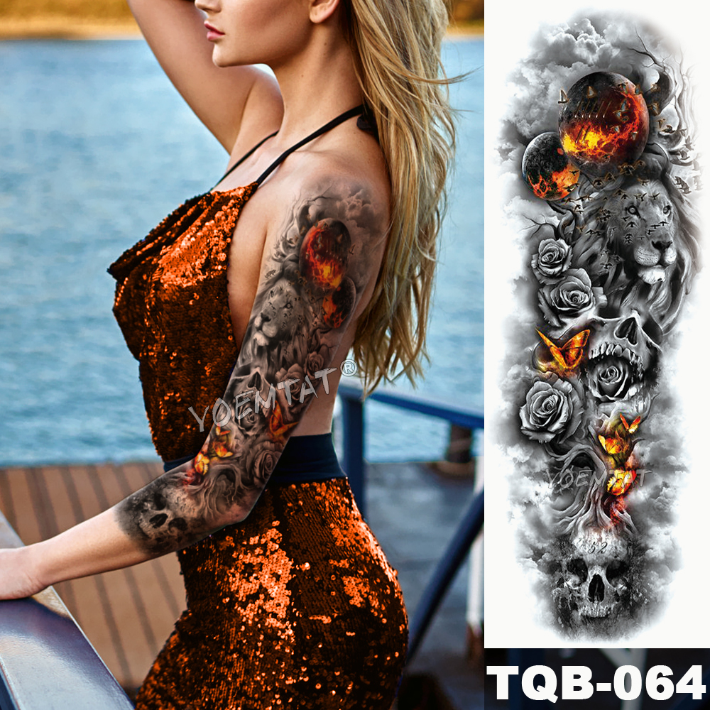 Large Arm Sleeve Tattoo Midnight Leopard Beauty Girl Waterproof Temporary Tattoo Sticker Moonlight Rose Full Skull Tatoo Women T200730