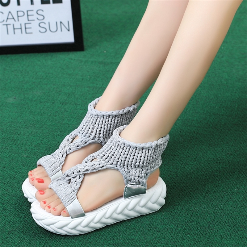 Women Gladiator Sandals Summer Flat Wool Shoes Thick-bottomed Knitting Sandals Solid Ladies Platform Sandalias Zapatos Mujer Y200620
