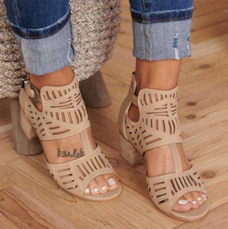 New Classic Women Fashion Sandals Thick heel Women Vintage Hollow carved Peep Toe Square Heel Wedges Sandals High Heels Shoes