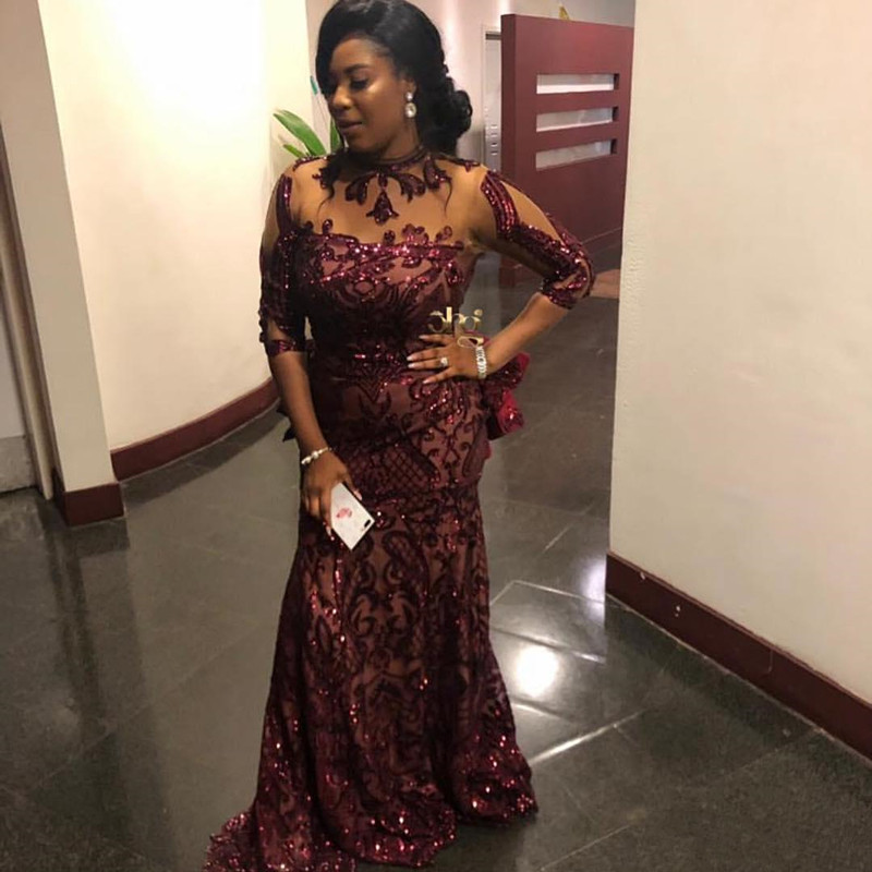Aso Ebi arabic Sparkly Evening Formal Dresses with Long Sleeve 2021 Shiny Burgundy Sequins Applique Mermaid Prom Gowns