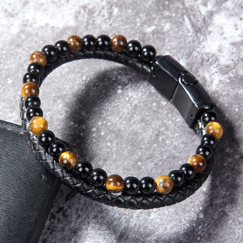 Fashion Men Jewelry Natural Stone Genuine Leather Bracelet Black Stainless Steel Magnetic Clasp Tiger eye Bead Bracelet Men