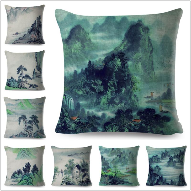 Chinese Ink landscape Painting Pillow Case Linen 45*45 cm Cushion Cover for Sofa Home Decor Beautiful Scenic Throw Pillowcase 
Chinese Ink landscape Painting Pillow Case Linen 45*45 cm Cushion Cover for Sofa Home Decor Beautiful Scenic Throw Pillowcase