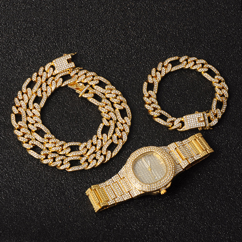 Chains Full Necklace +Watch+Bracelet Hip Hop Miami Curb Cuban Chain Gold Iced Out Paved Rhinestones CZ Bling For Men Jewelry1