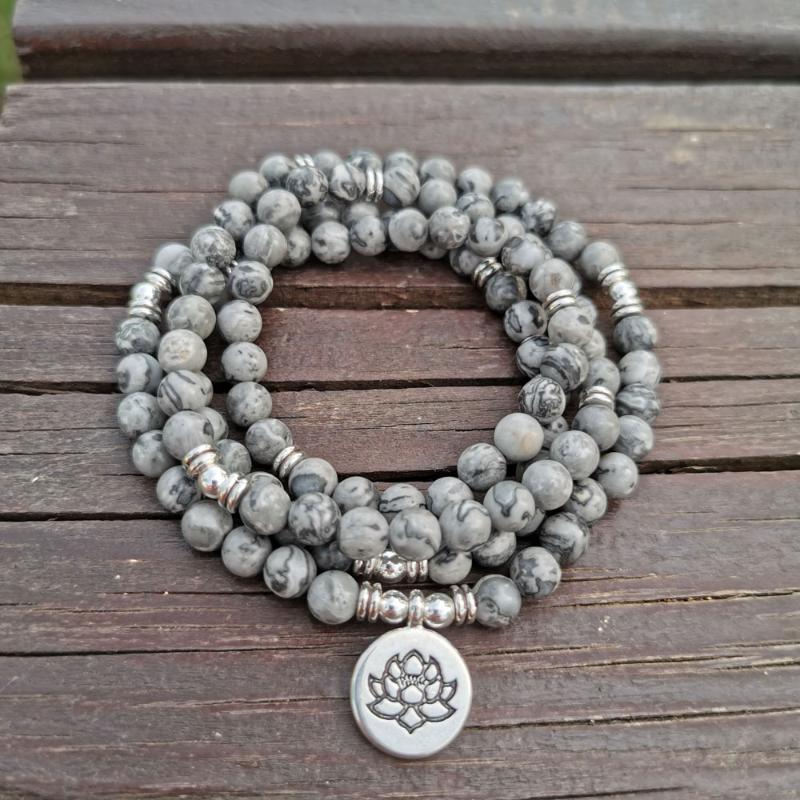 6mm Natural Light Grey Map Stone Beads with Lotus OM Buddha Charm Bracelet for women & men 108 mala Yoga Jewelry Gift
6mm Natural Light Grey Map Stone Beads with Lotus OM Buddha Charm Bracelet for women & men 108 mala Yoga Jewelry Gift