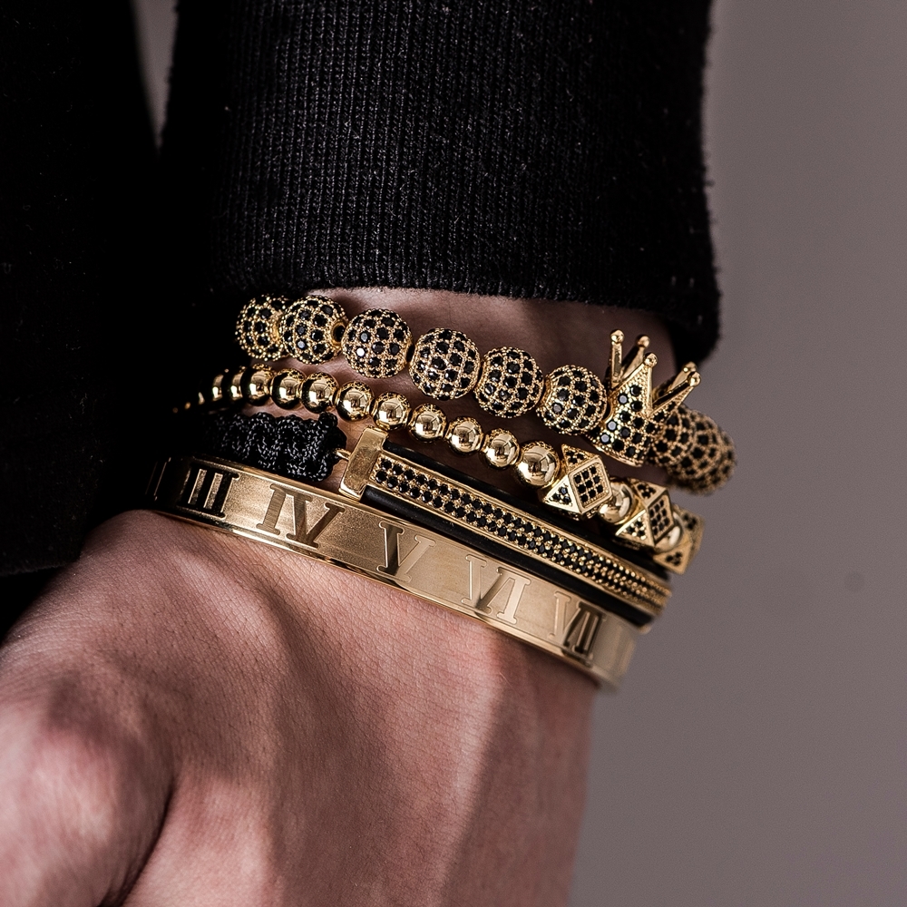 Luxury Gold Braided Adjustable Bracelet Men Male Beads Crown Black Cz Zircon Charm Stainless Steel Jewelry Gift Valentine's Day Christmas
