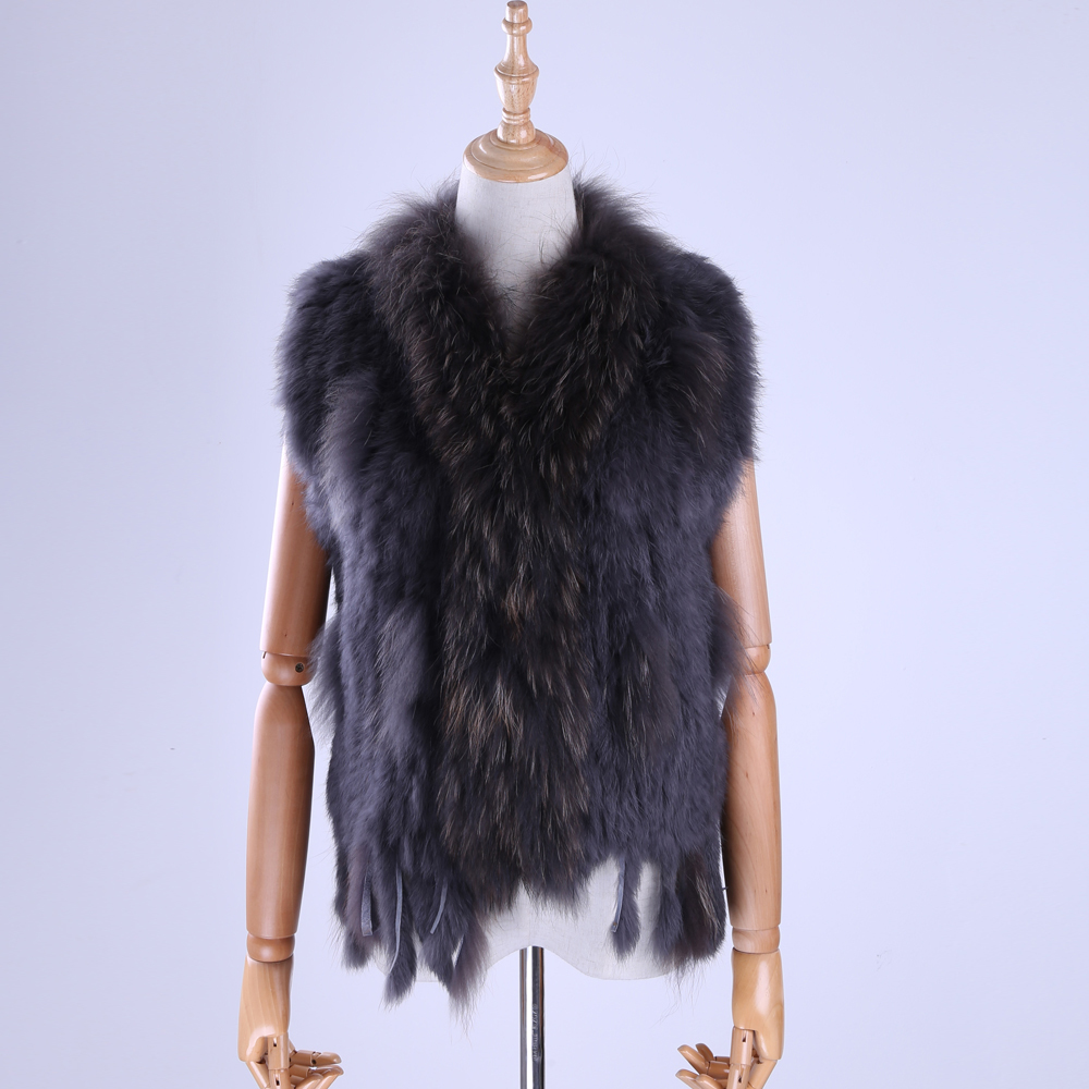 New Women's Lady Genuine Real Knitted Rabbit Fur Vests tassels Raccoon Fur Trimming Collar Waistcoat Fur Sleeveless Gilet T200908