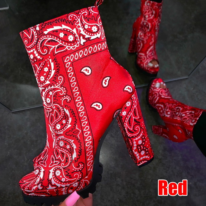 Totem Printing Fashion Ankle Boots For Women Thick Heels Autumn Winter Flock Platform Shoes High Heels Zipper Ladies Boots Red