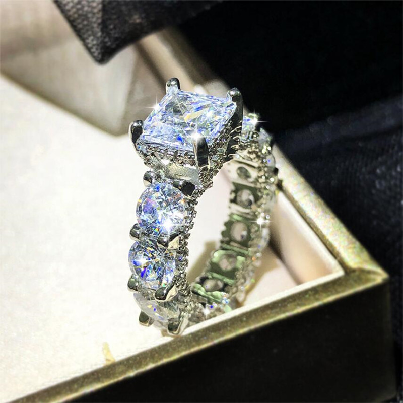 Cocktail Luxury Jewelry 925 Sterling Silver Radiant Cut White Topaz CZ Diamond Eternity Party Women Wedding Engagement Band Ring For Love