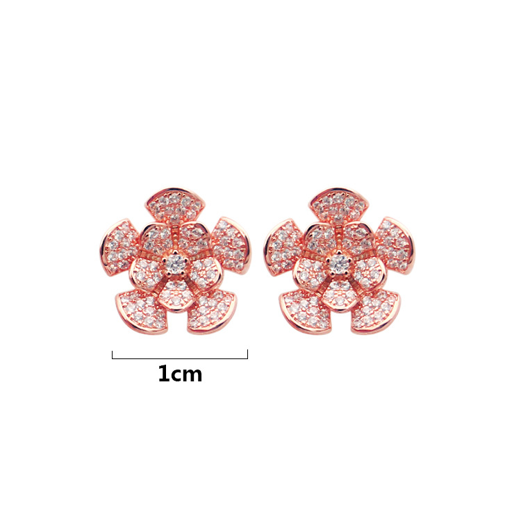 Europe America Style Lady Women Titanium Steel Engraved B Initials Full Diamond Flower Stud Earrings 3 Color