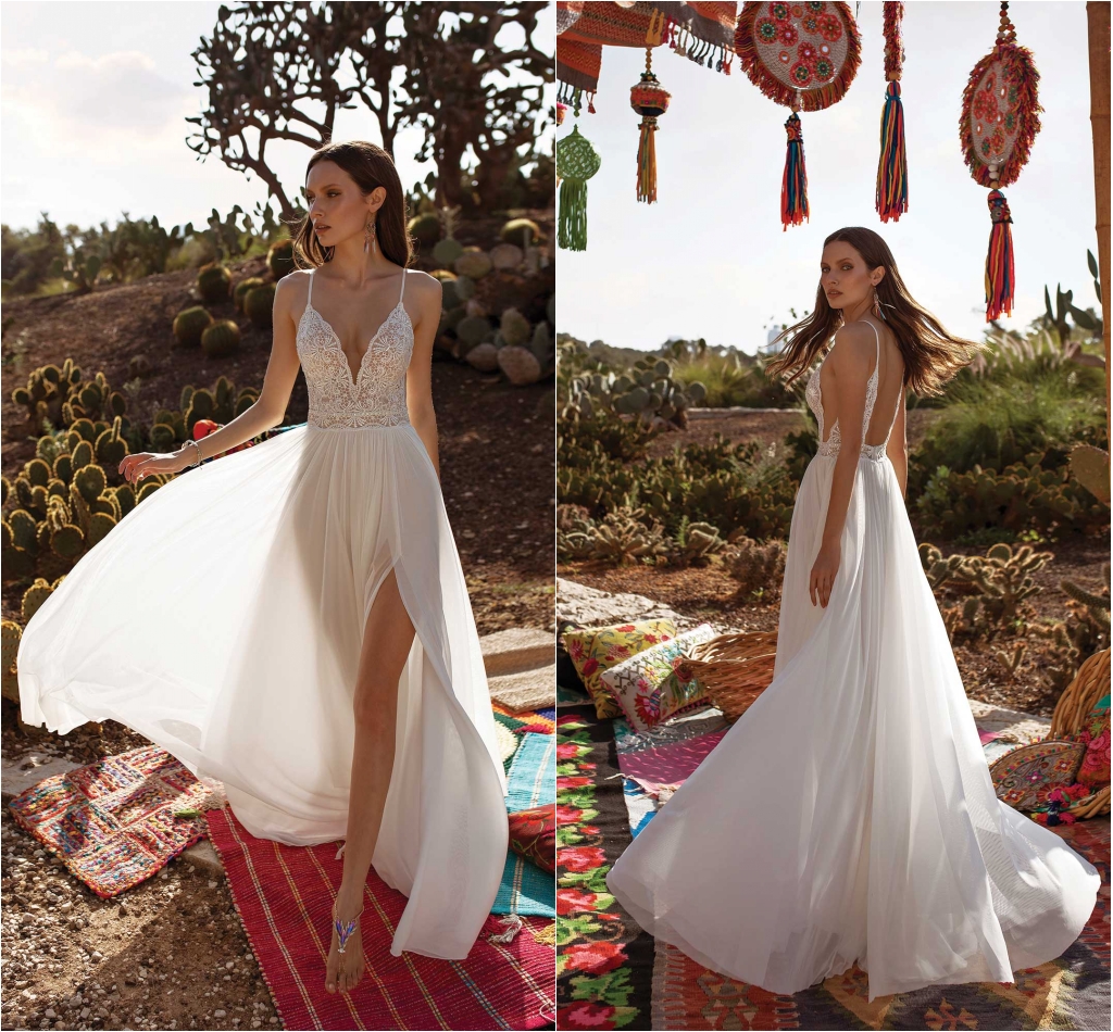 asaf dadush 2021 split wedding dresses v neck beaded boho bohemian lace wedding dress robes de marie