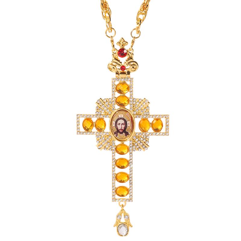 

Pendant Necklaces High Quality Pectoral Cross Orthodox Jesus Crucifix Pendants Rhinestones Chain Gold Religious Jewelry Pastor Prayer Items