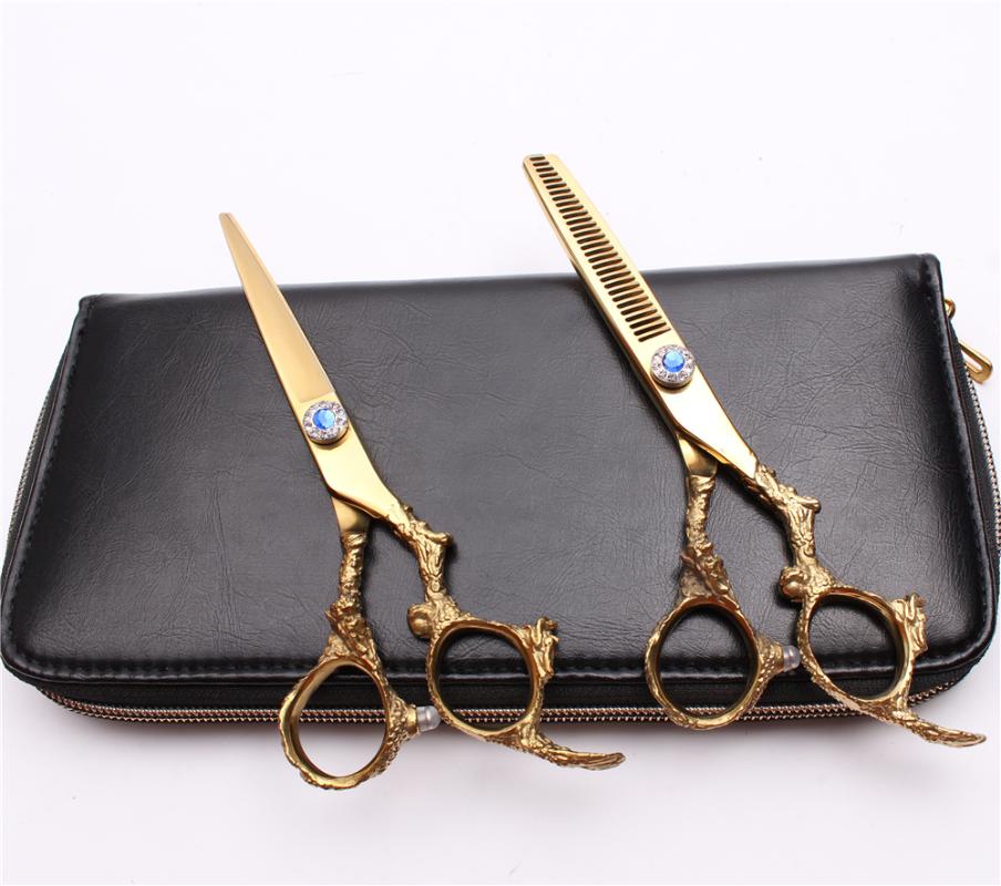 Hair Scissors 5.5" 16cm 440C Customized Logo Golden Barber Shop Normal Thinning Shears Professional Styling Tool C9005