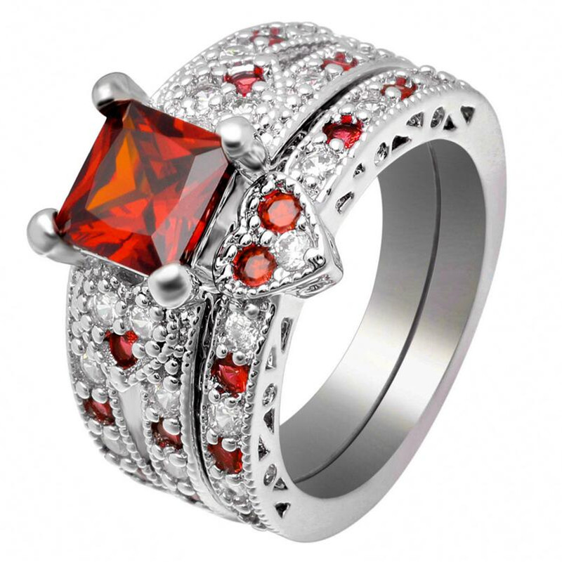 Vintage Fashion Jewelry 925 Sterling Silver&Black Gold Fill Couple Rings Radiant Cut Multi Color CZ Diamond Women Bridal Ring Set Gift