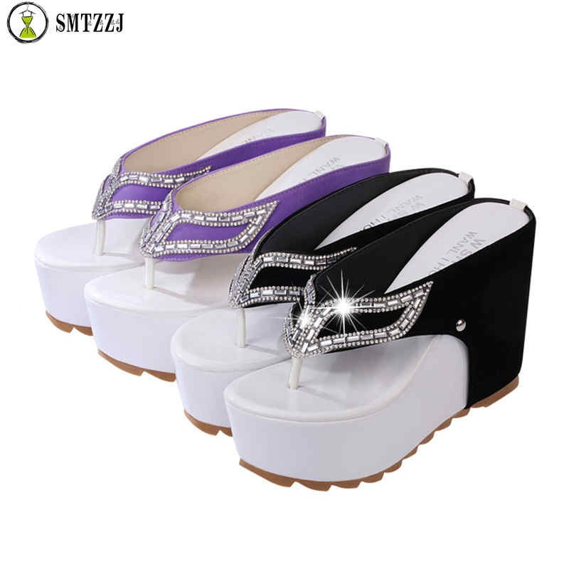 New Women Summer Platform Wedges Shoes Black Purple Sandals For Ladies Women Bling Slides Flip Flop Shoes r0nG#