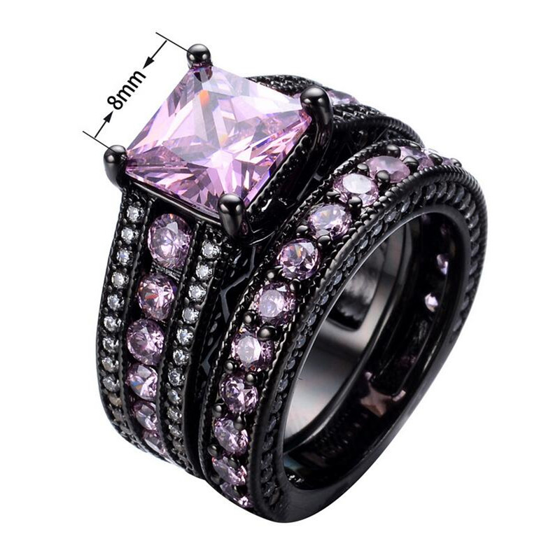 Choucong Brand New Luxury Jewelry 10KT Black Gold Fill Princess Cut Pink Topaz CZ Diamond Eternity Couple Ring Women Wedding Bridal Ring Set