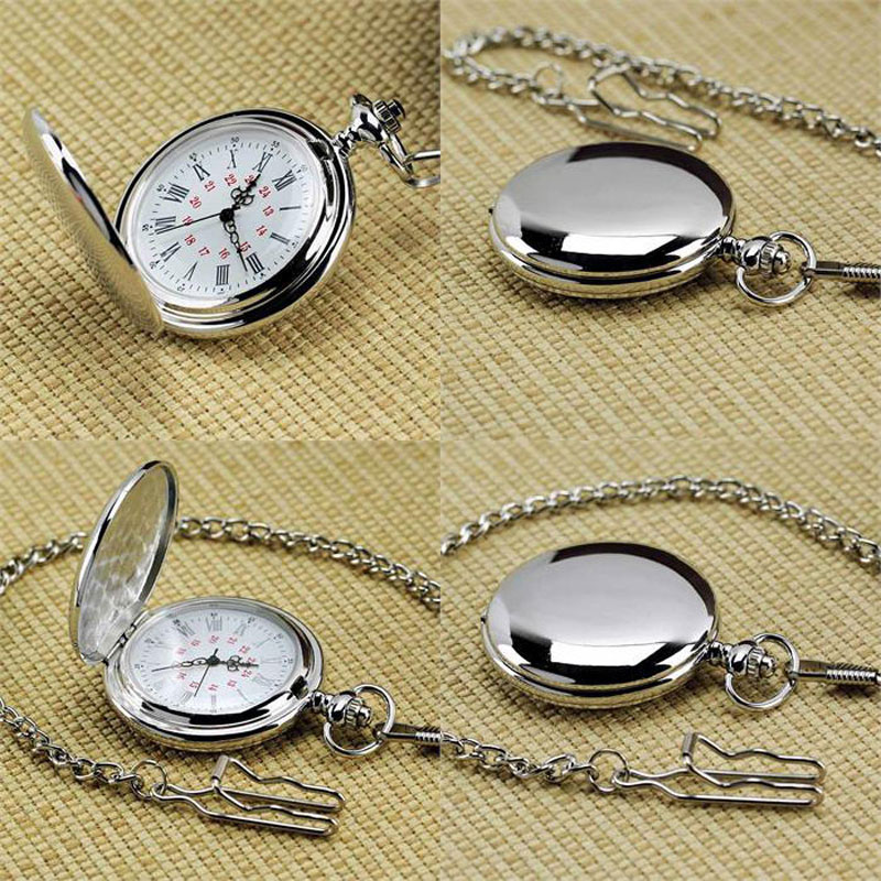 

New Arrival Silver Smooth Quartz Pocket Watch Fob Chain Best Gift Men Women Fashion Steampunk Roman Numerals reloj de bolsillo, As pic