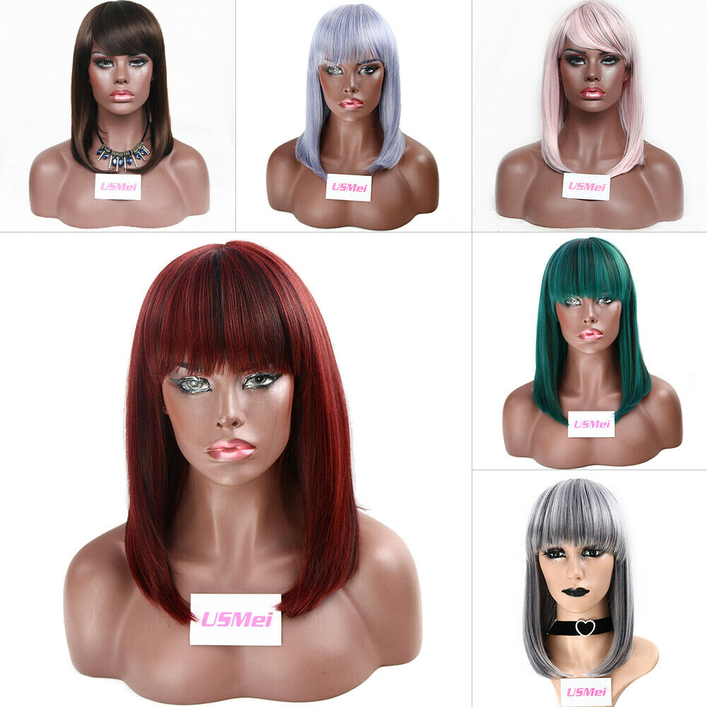 Straight Bob Full Medium Wigs Natural Synthetic Hair Cosplay Pop Party Neat Bang