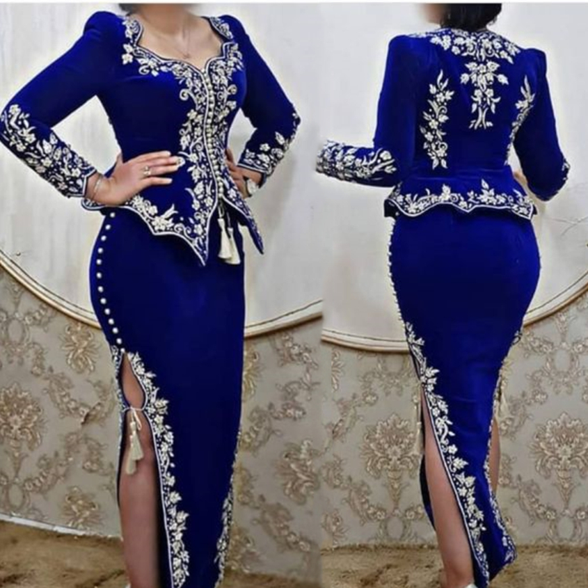 Elegant Moroccan Kaftan Formal Evening Dresses Royal Blue Velvet Sheath Long Sleeves Prom Party Gowns Ebroidery Lace Appliqued Arabic Dubai Special Oc
