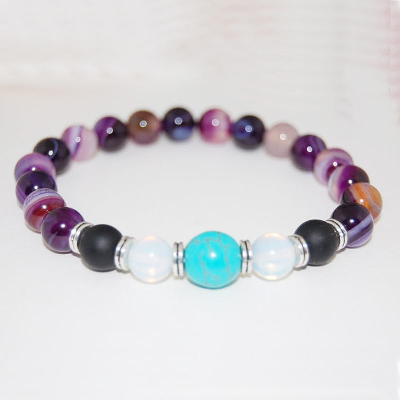 Charm Bracelets Purple Striped A-gate Stretchy Bracelet Mala Beads Healing Stone Beaded Yoga Jewelry For Men Women Gift