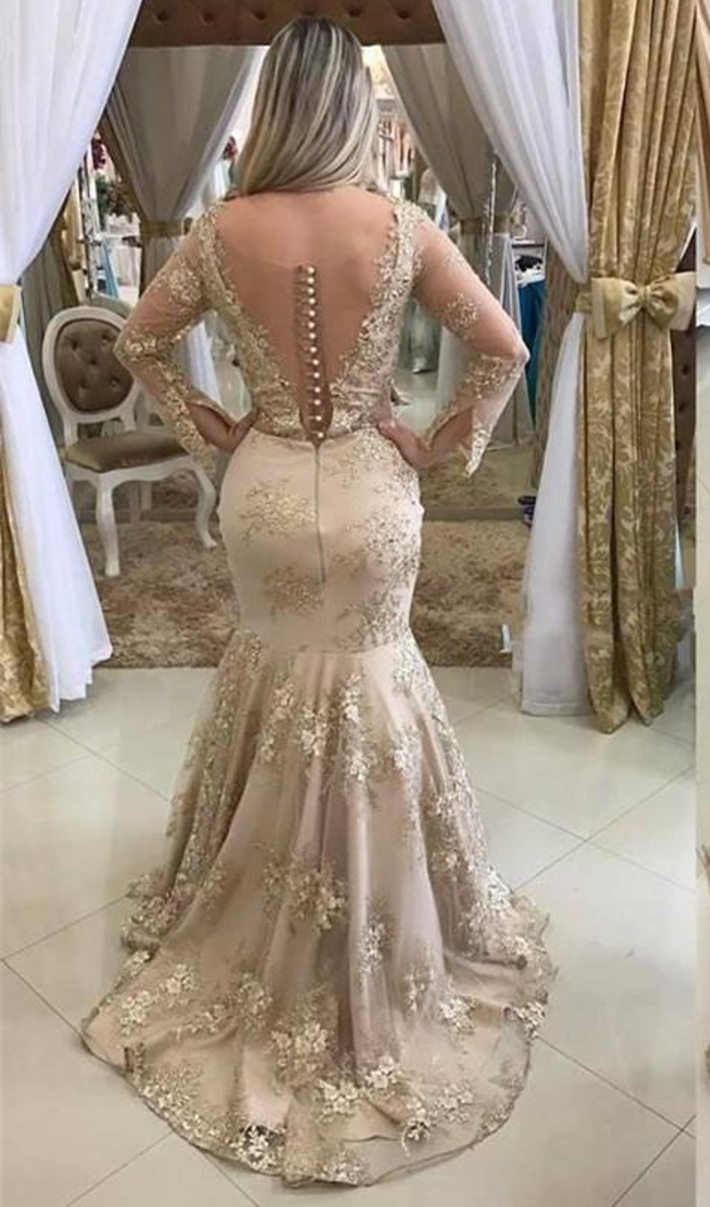 Scoop Long Sleeves Mermaid Evening Dresses Lace Appliques Beading Natural Waistline Ladies Prom Party Gowns Custom Made Formal Beading